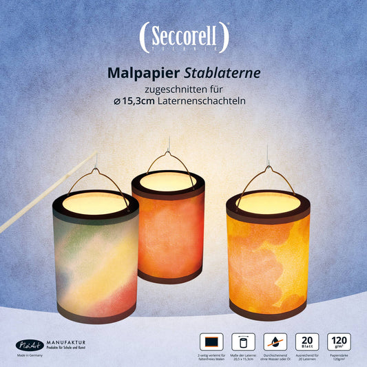 Seccorell Stablaternen-Malblock – enthält 20 Blatt festes Papier (120 g/qm) für faltenfreies Finger-Wischmalen, ideal zur Gestaltung von klassischen Laternen, passend für „Käseschachteln“ mit ø 15,3 cm