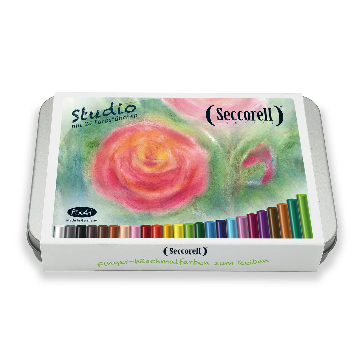 Seccorell Studio Großbox Metall – robuste Metalldose mit Bildmotiv von Johanna Schneider, enthält umfangreiches Finger-Wischmalfarben-Set für kreative Projekte
