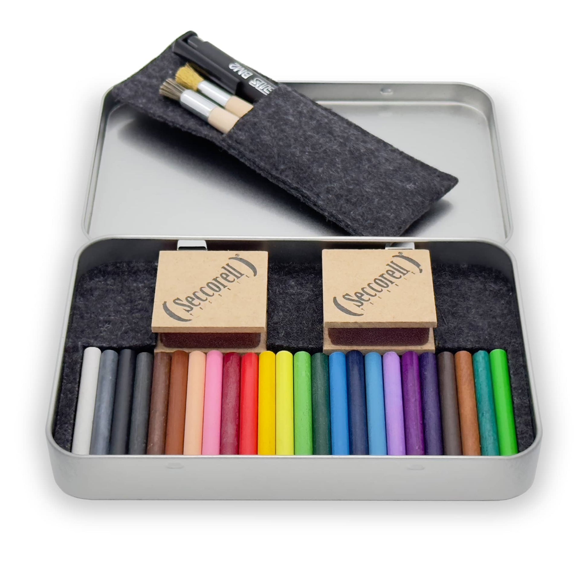 Seccorell Studio large box metal open - 24 color sticks, two rubbing blocks, felt pouch with cleaning brushes and eraser holder on wool felt insert