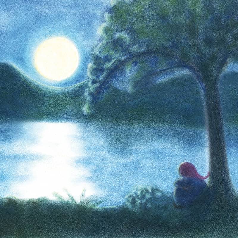 A dwarf sits by a lake under a full moon, painted with Seccorell colors on paper.