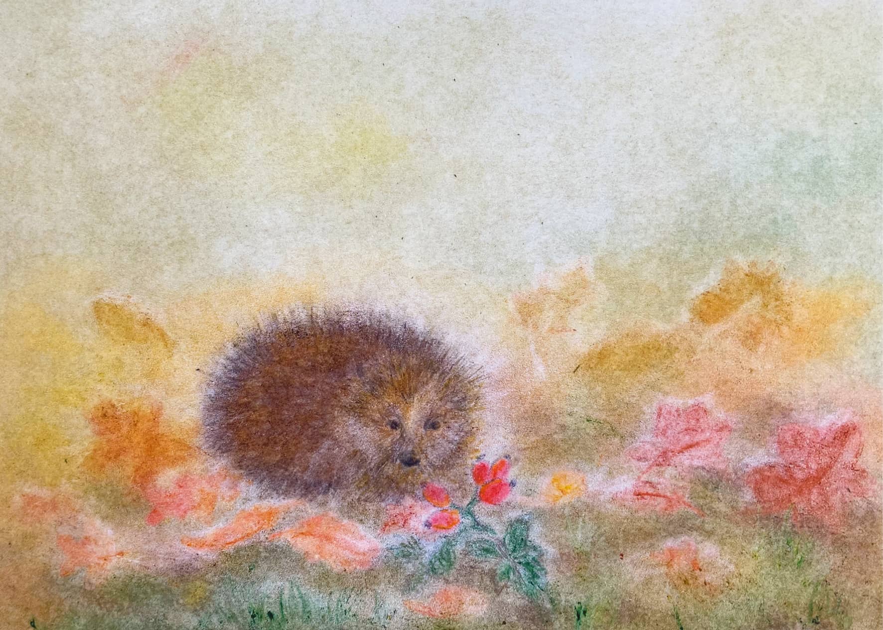 Seccorell postcard "Hedgehog in autumn" with a cute hedgehog surrounded by colorful leaves and rose hips.