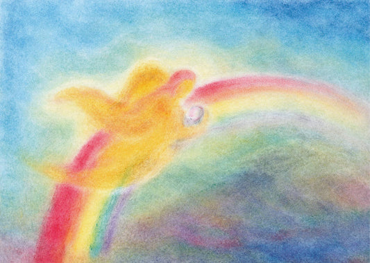 Seccorell postcard "Carried with love" with a guardian angel gently carrying a human child over a rainbow.