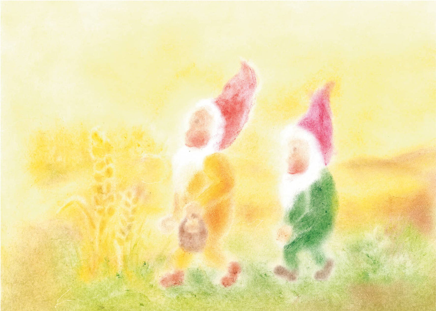 Seccorell postcard "Cornfield" shows gnomes strolling happily through a golden field, surrounded by summer warmth.