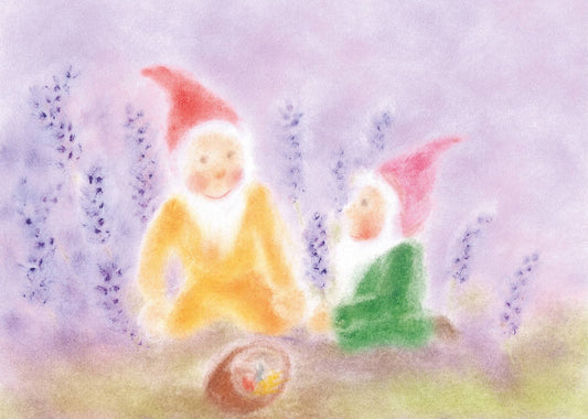 Seccorell postcard "Lavender gnomes" shows playful gnomes surrounded by fragrant lavender, painted with Seccorell colors.