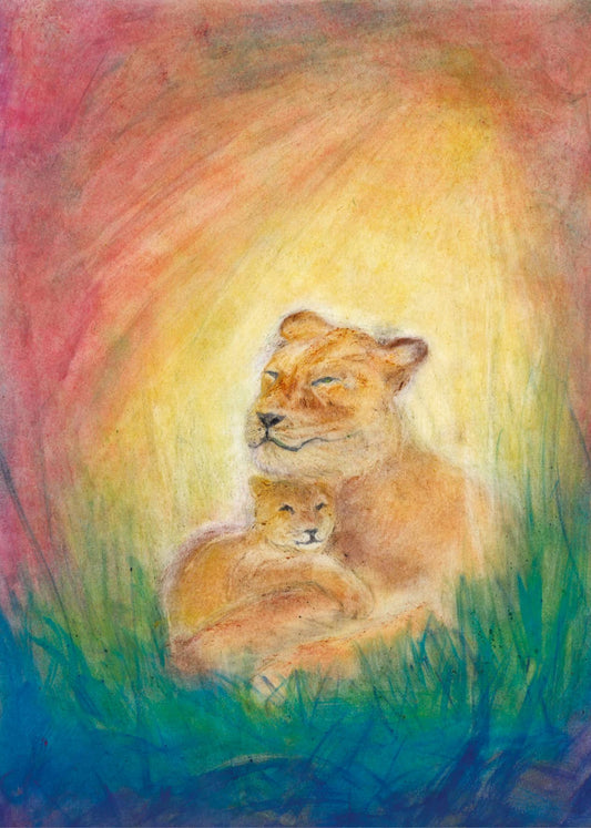 Lioness with cub, artistically immortalized in Seccorell colors on postcard, showing bright color harmony and delicate shading.