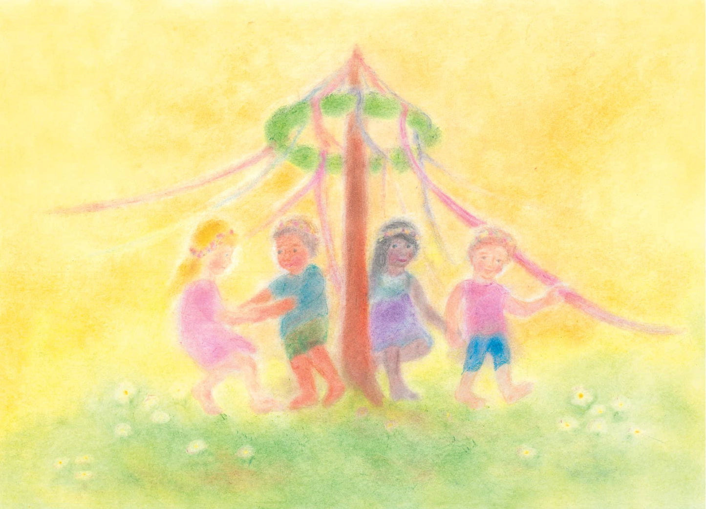 Seccorell postcard "May Dance" with children in a cheerful round dance around the maypole, depicted in delicate Seccorell colors.