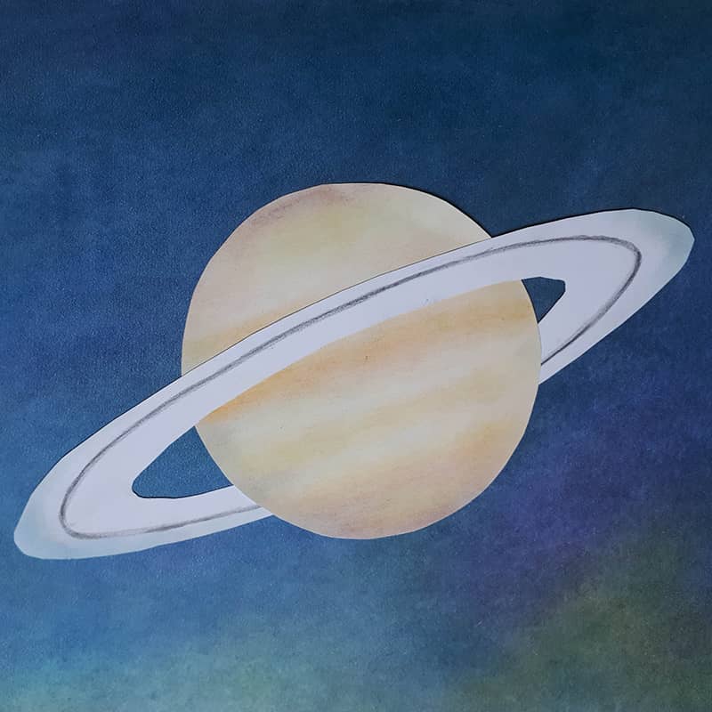 Bild eines Saturn-Planeten mit Ringen, entstanden aus den Seccorell Grundfarben.