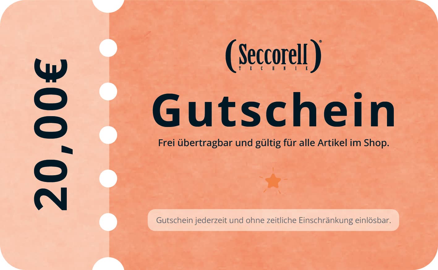 Digitaler Seccorell-Gutschein im Wert von 20 €, jederzeit einlösbar und ohne Ablaufdatum – für alle Produkte im Shop.