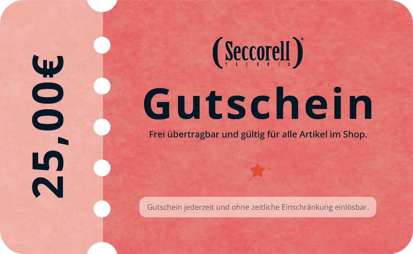 Digitaler Seccorell-Gutschein im Wert von 25 €, ohne Ablaufdatum und gültig für alle Artikel im Onlineshop.