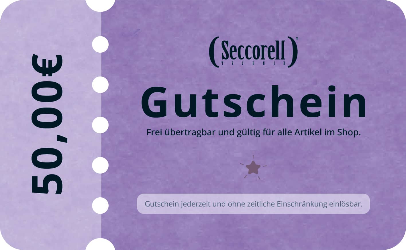 Seccorell-Gutschein im Wert von 50 €, digital verfügbar, zeitlich unbegrenzt und für alle Produkte einlösbar.