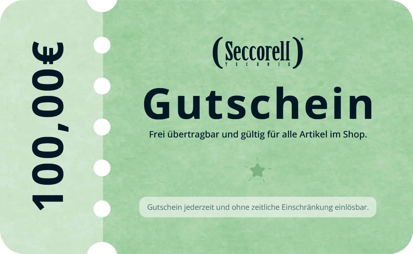 Digitaler Seccorell-Gutschein über 100 €, flexibel einlösbar für alle Produkte im Onlineshop, ohne zeitliche Begrenzung.