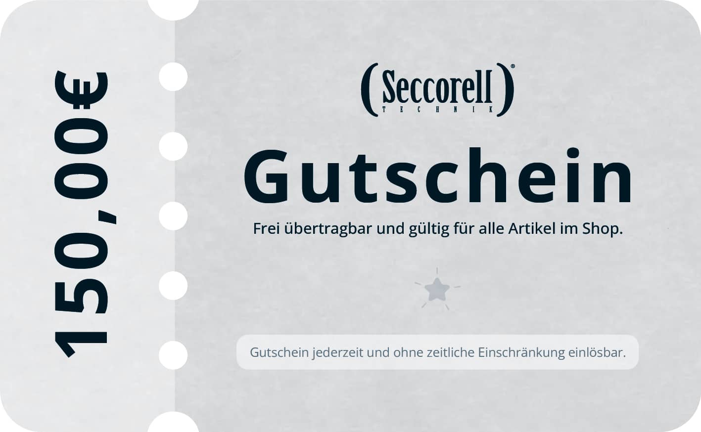 Digitaler Seccorell-Gutschein im Wert von 150 €, jederzeit übertragbar und ohne Ablaufdatum einlösbar.