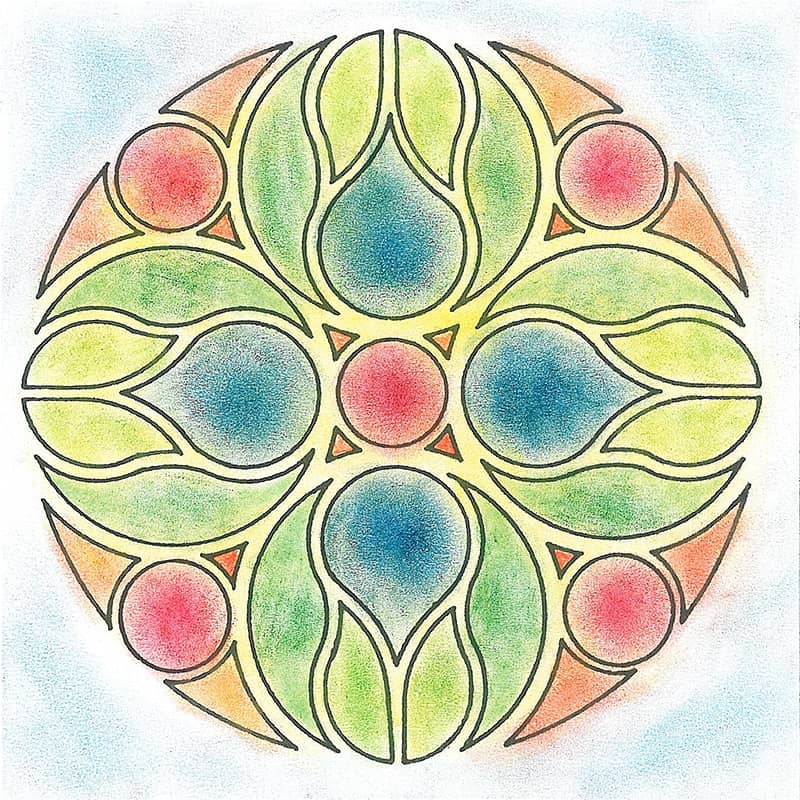Kolorieren von Mandalamotiven mit Seccorell-Farbpulver. Farben mit Fingern einmassieren und mit Wattepad fixieren.