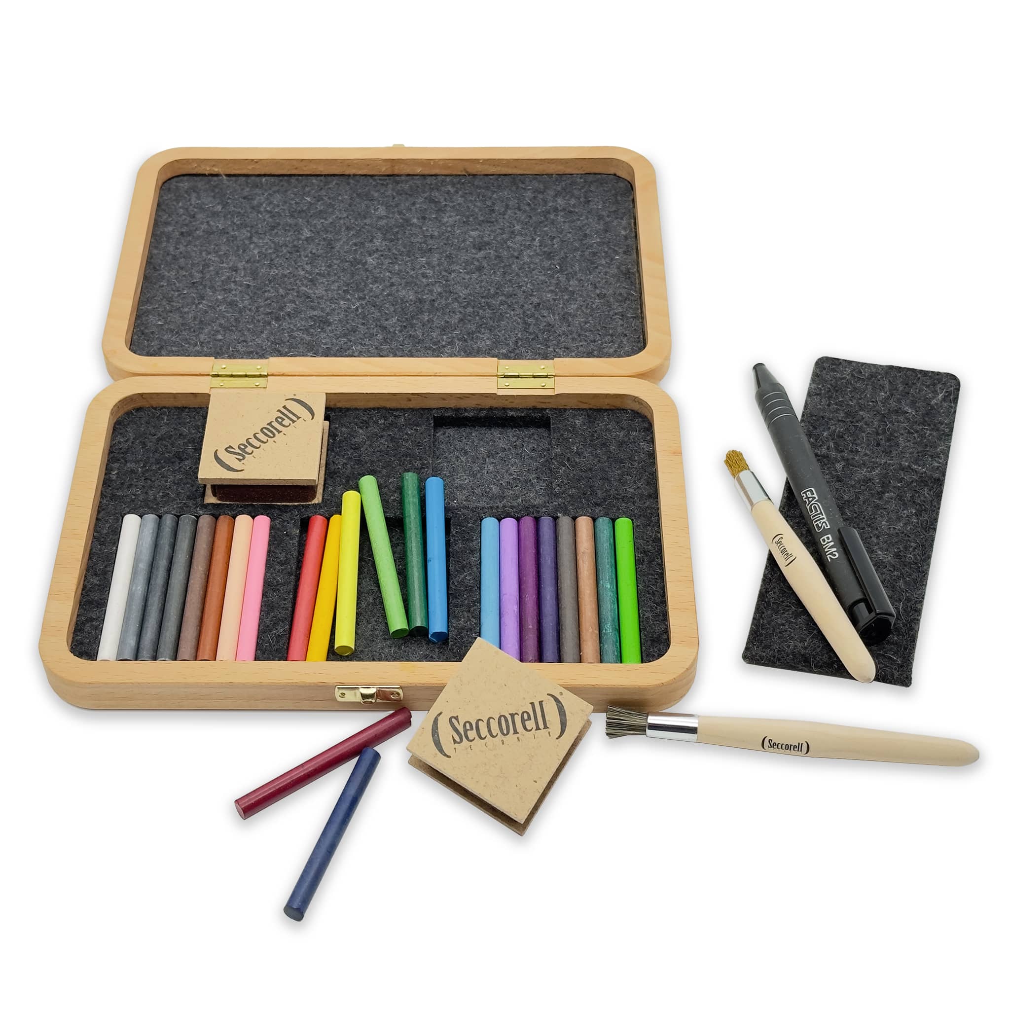 Inhalt der Seccorell Atelier Großbox Holz – hochwertige Finger-Wischmalfarben mit Reibeblöcken, Bürsten und Radierminenhalter für kreative Projekte.