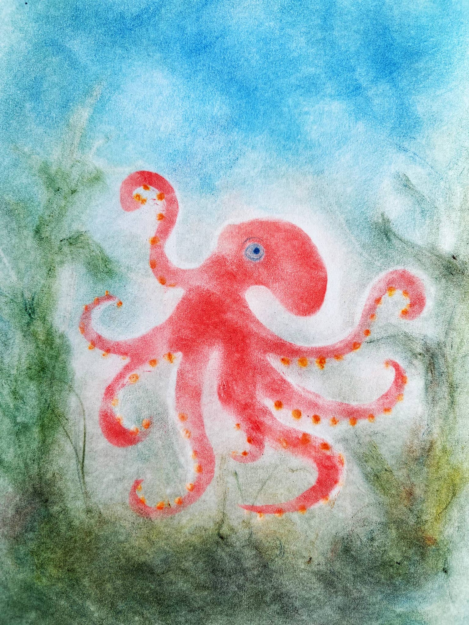 Fertig ausgearbeitetes Oktopus-Motiv mit Seccorell – ideal als Titelseite im Epochenheft Tierkunde, detailreich und farbstark gestaltet.