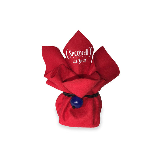 Seccorell Liliput "Kaminfeuer", präsentiert in einem warmen, roten Wollfilzbeutel, perfekt für das Malen auf Reisen oder als kreatives Geschenk.