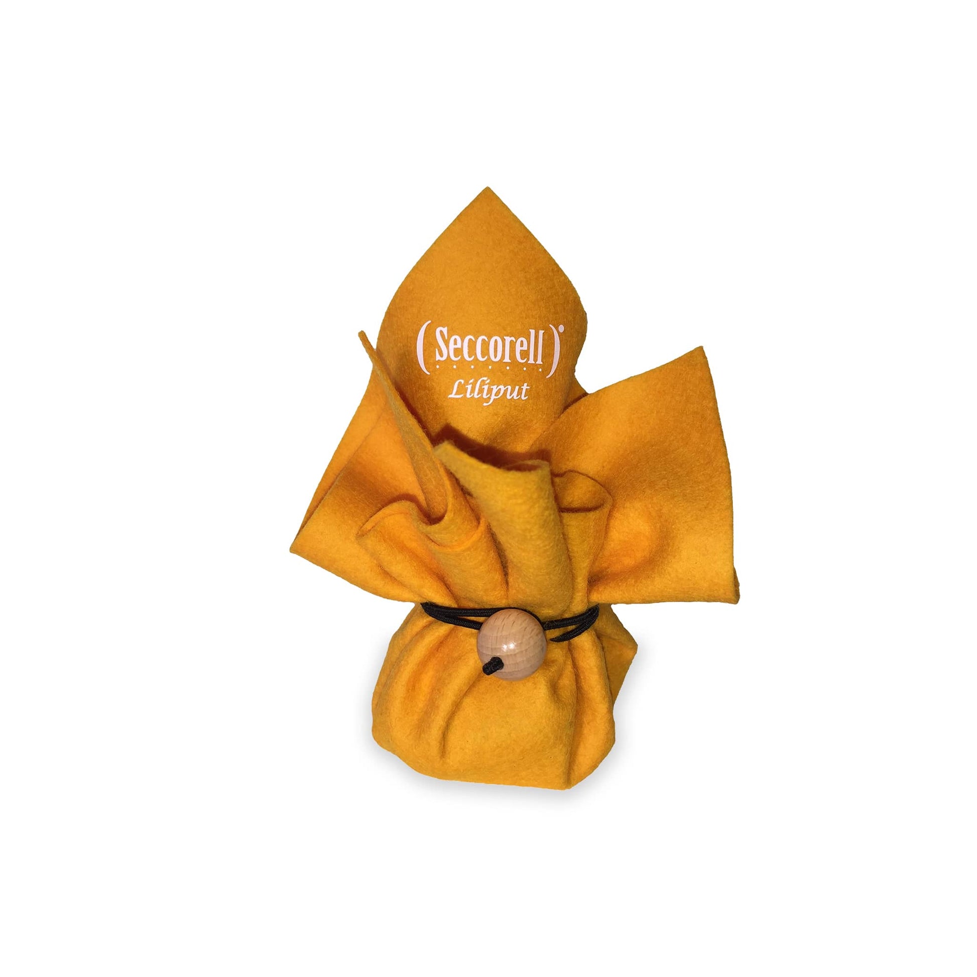 Seccorell Liliput "Sonnengelb", ein strahlendes Malset verpackt in einem gelben Wollfilzbeutel, bereit für inspirierte Kunstwerke unterwegs.