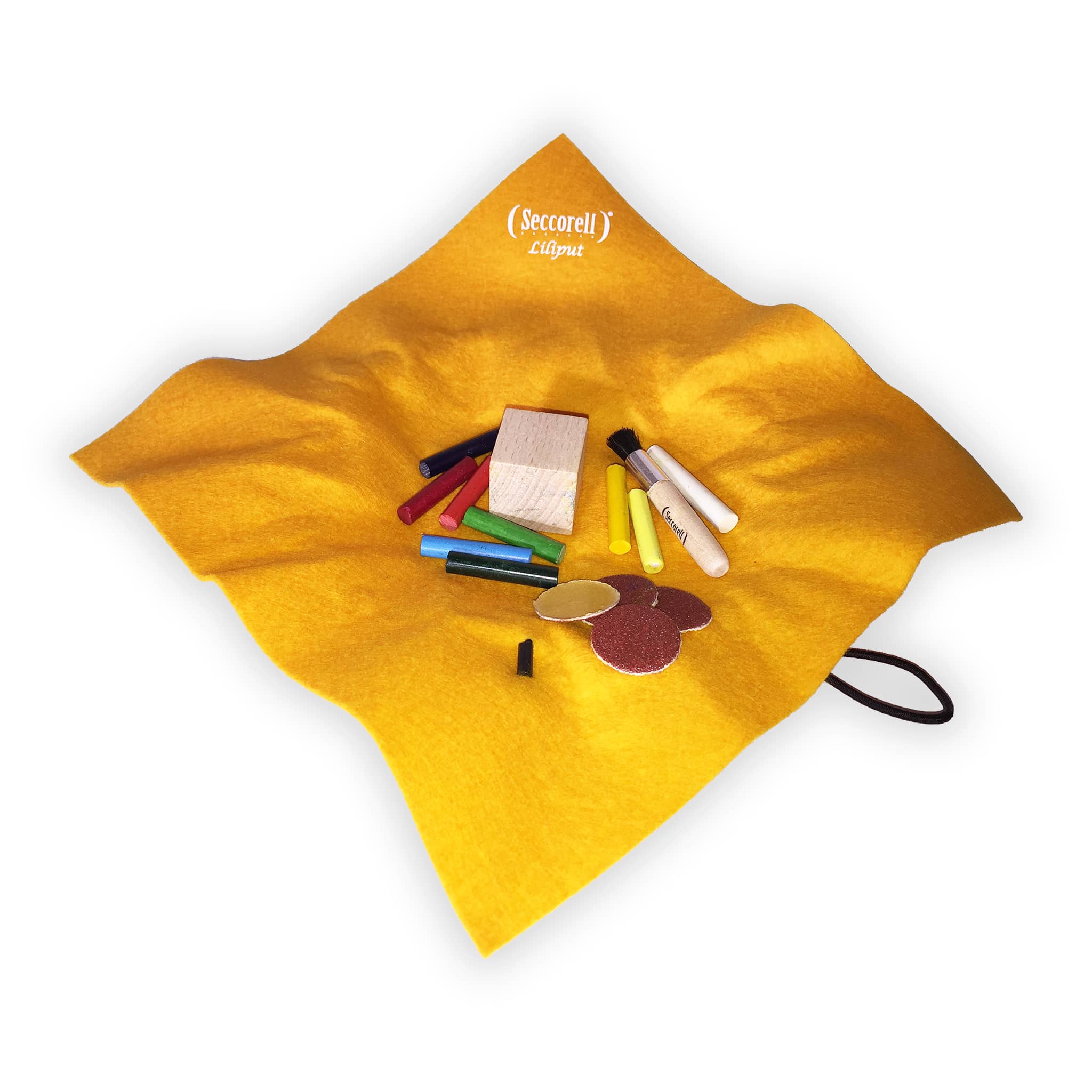 Seccorell Liliput „Sonnengelb“ geöffnet – enthält 8 kleine Farbstäbchen, Reibering, Reinigungsbürstchen und Radierstift, ideal zum Verschenken und für kreative Anwendungen.