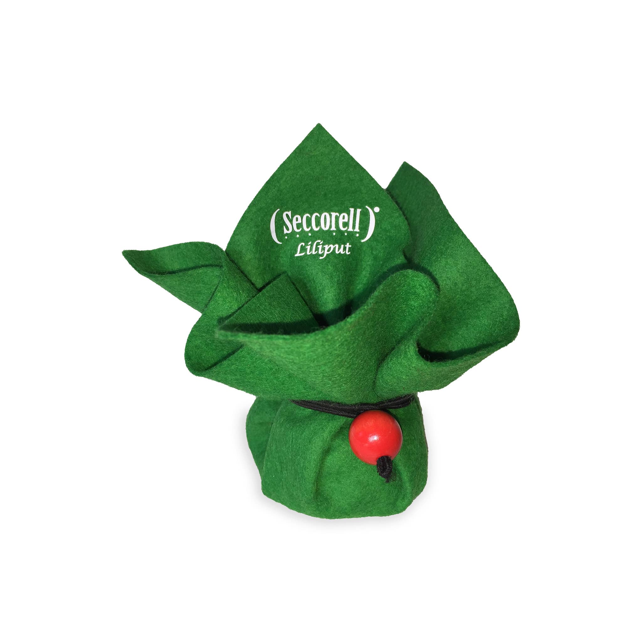 Seccorell Liliput „Wiesengrün“ – kleines grünes Wollfilzbeutelchen, handgefertigt aus 100 % Wollfilz, verschließbar mit Gummikordel und roter Holzperle.