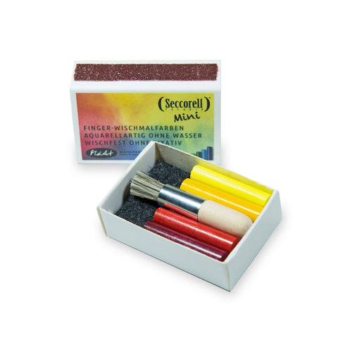 Seccorell Mini Schiebeschachtel geöffnet – enthält 8 Farbstäbchen, Reibefläche und Reinigungsbürste für kreative Projekte