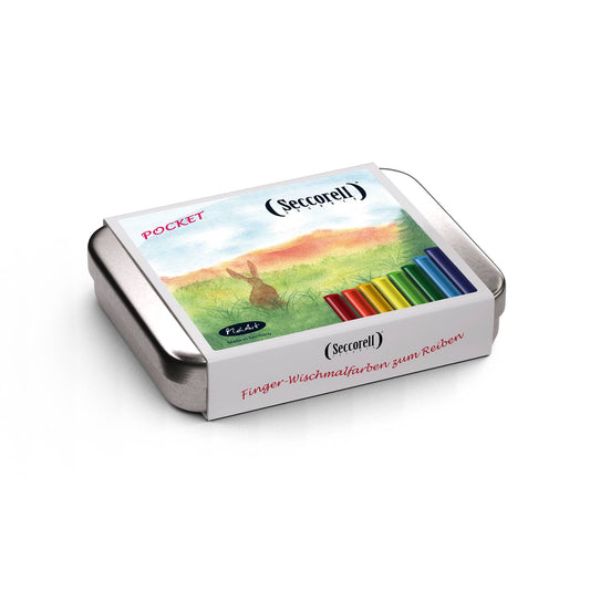 Seccorell Pocket "Hase", eine handliche Box mit Finger-Wischmalstäbchen, ideal für unterwegs und einfaches Malen ohne Wasser – kreativ und kompakt.