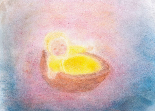 Seccorell Postkarte "Auf Erden", leuchtendes Motiv mit Baby in Wiege, sanfte Farbübergängen, perfekt für besinnliche Anlässe.