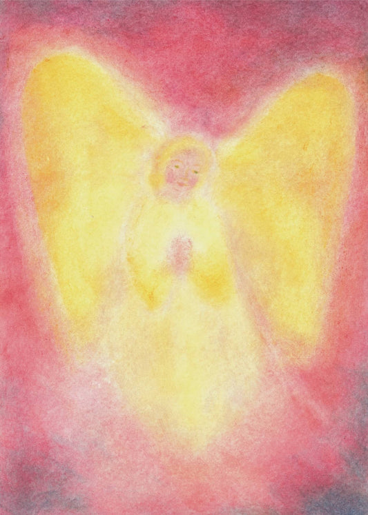 Strahlender Engel in warmen Gelb- und Rottönen, festgehalten auf einer Postkarte, gemalt mit Seccorell.