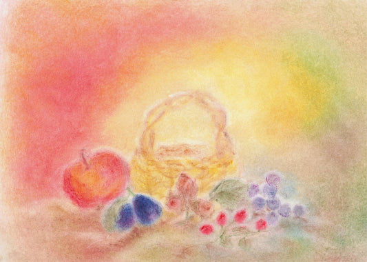 Erntedank-Postkarte mit Früchtekorb und herbstlicher Farbgebung, kunstvoll dargestellt mit Seccorell-Farben.