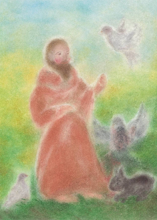 Seccorell-Postkarte "Franz von Assisi" mit einer friedvollen Darstellung des Heiligen umgeben von Tieren.