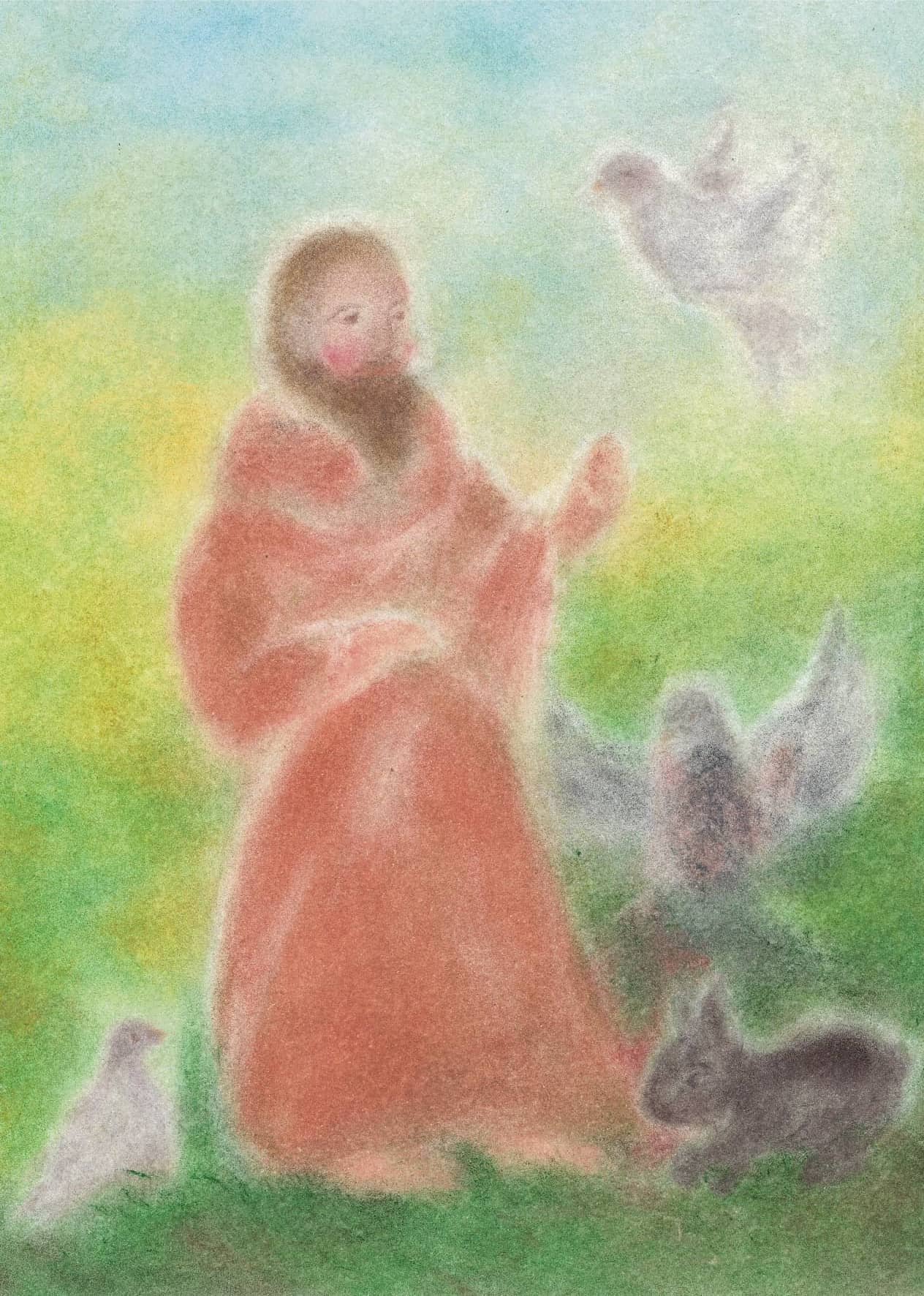 Seccorell Postkarte "Franz von Assisi" mit Franz von Assisi und Tieren, in sanften Farben gestaltet von Andrea Reiß in der Finger-Wischmaltechnik.