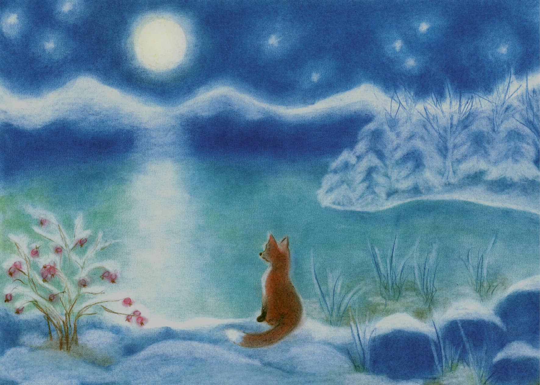 Fuchs sitzt an einem verschneiten See und blickt auf den Vollmond, dargestellt in der Seccorell Finger-Wischmaltechnik auf der Postkarte „Fuchs am Wintersee“ von Miriam Seeberger.