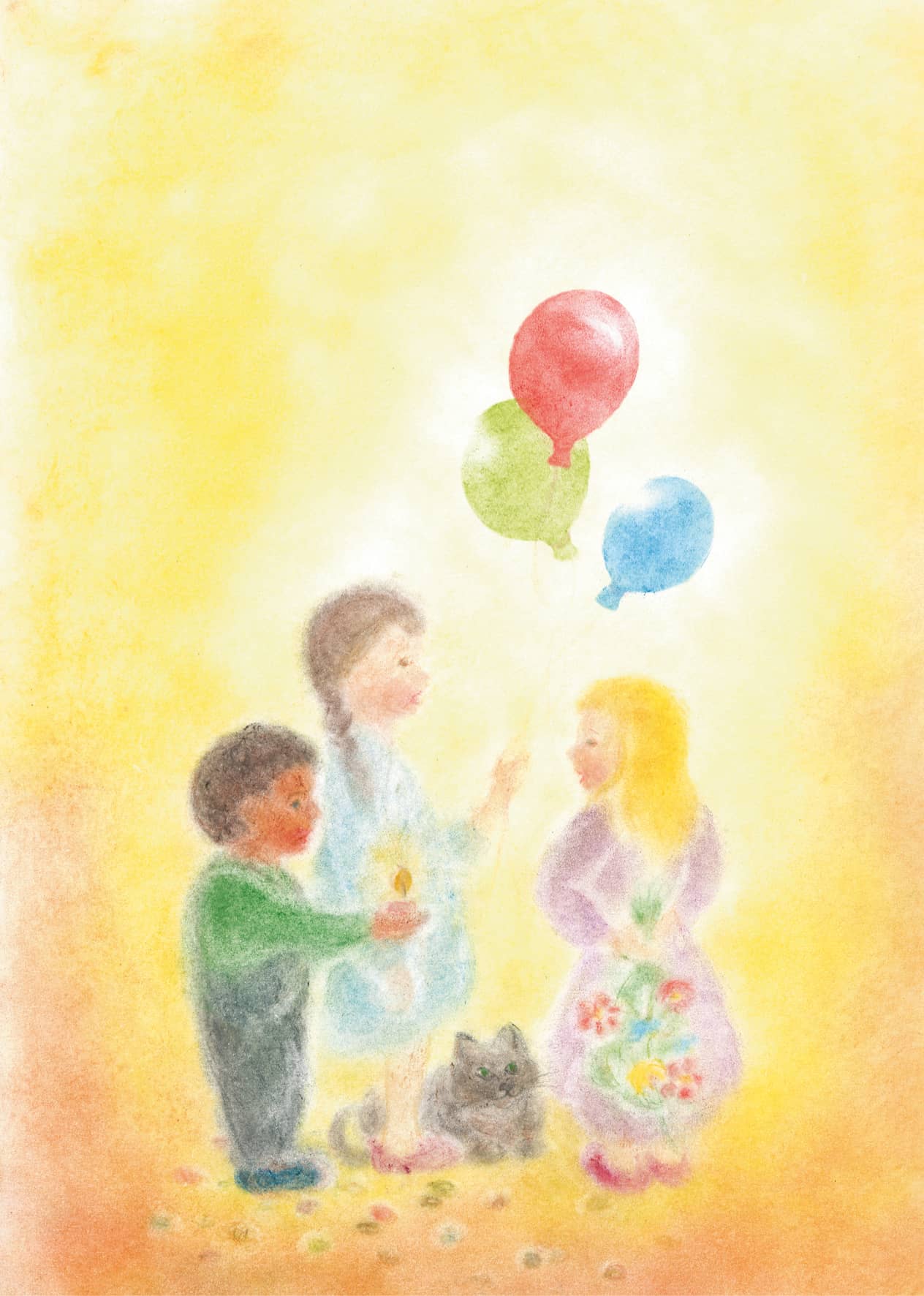 Seccorell-Postkarte "Geburtstag" mit fröhlichen Kindern, einer Katze, bunten Ballons und einem Hauch von Magie.