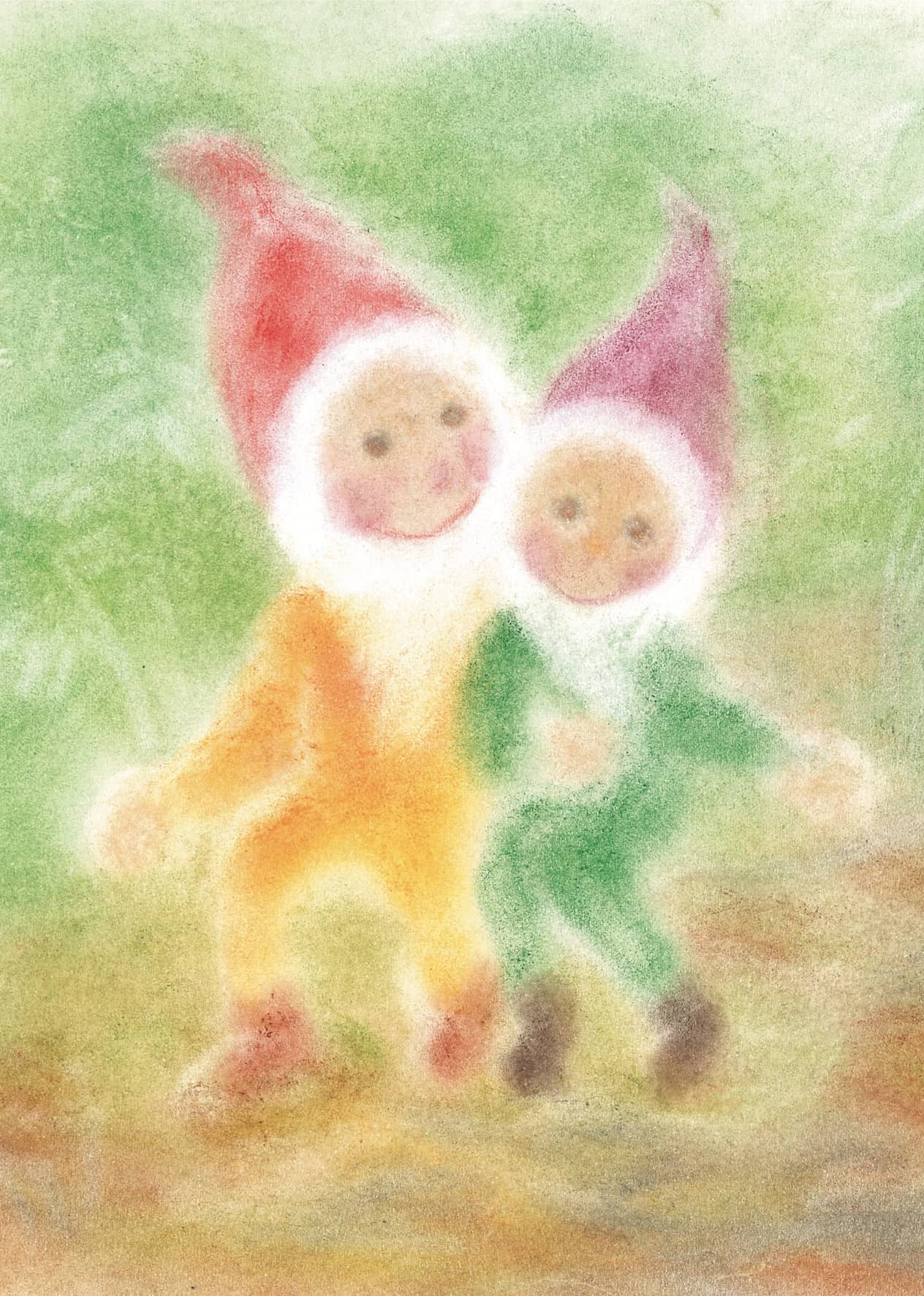 Seccorell-Postkarte "Geschwisterzwerge" mit zwei lächelnden Zwergen in harmonischen Grün- und Orangetönen.