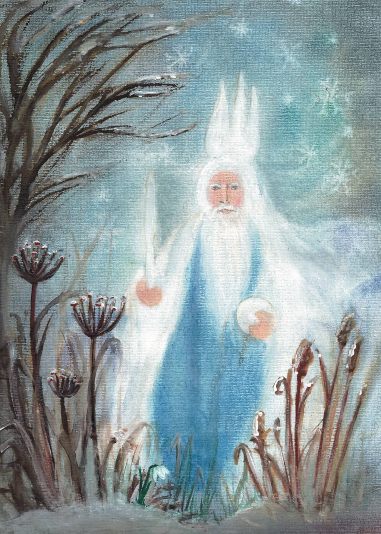 Winterliche Figur mit Krone und eisblauem Gewand, umgeben von schneebedeckten Pflanzen, gestaltet in Seccorell Finger-Wischmaltechnik mit Aquarellakzenten auf der Postkarte „König Winter“ von Andrea Reiß.