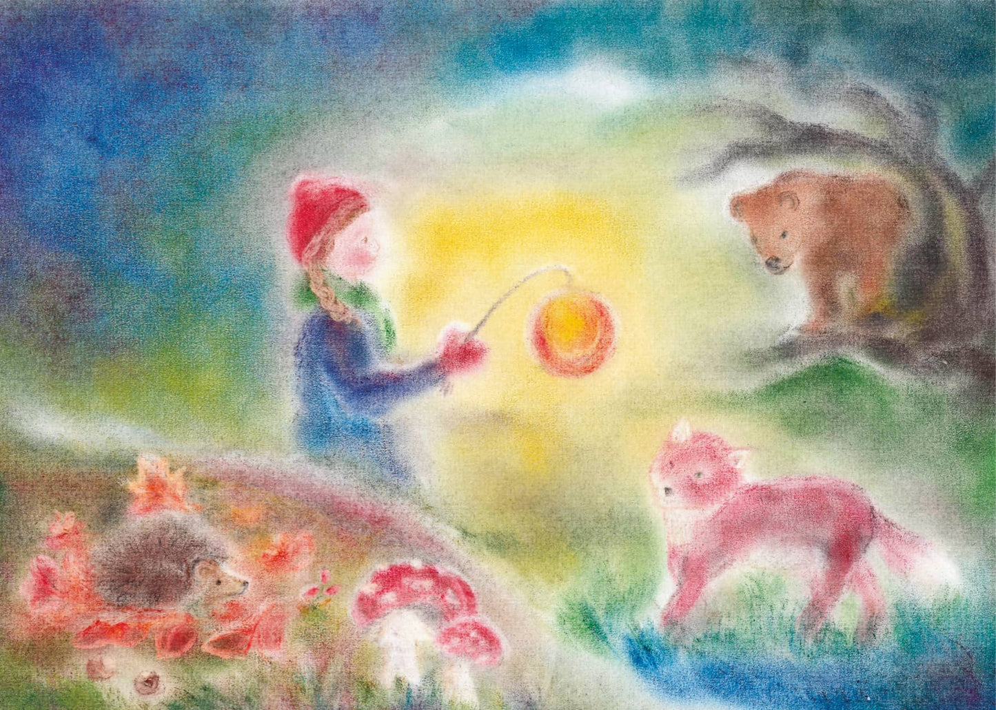 Märchenhafte Seccorell Postkarte "Laternenkind mit Tieren" zeigt ein Kind mit Laterne in leuchtenden Farben umgeben von Waldtieren.