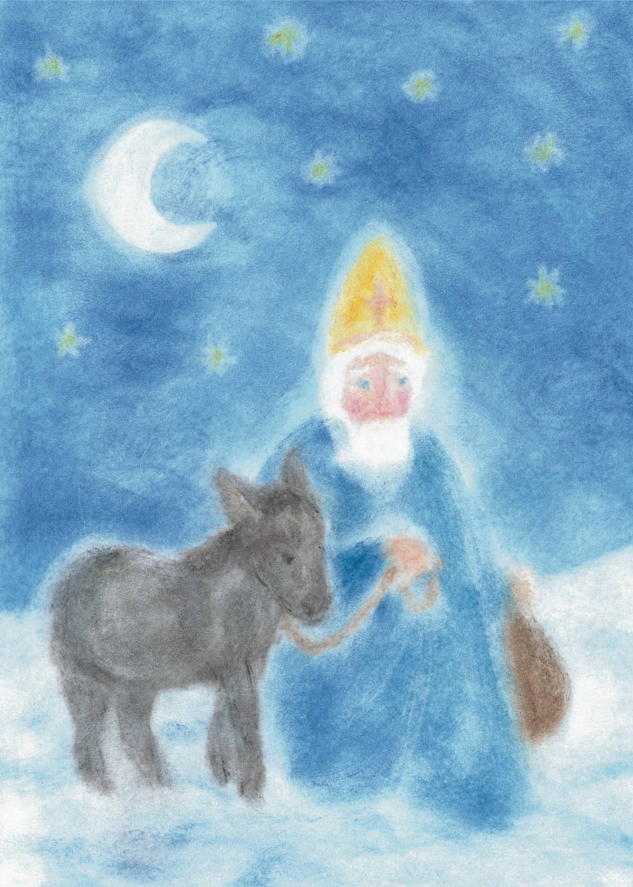 Seccorell Postkarte "Nikolaus" zeigt den heiligen Nikolaus mit einem Esel unter einem sternklaren Nachthimmel, gemalt mit Seccorell-Farben.