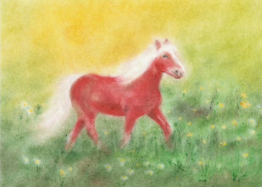 Seccorell Postkarte "Pferd" zeigt ein galoppierendes Pferd auf einer blumenübersäten Wiese, eingefangen in weichen Seccorell-Farbübergängen.