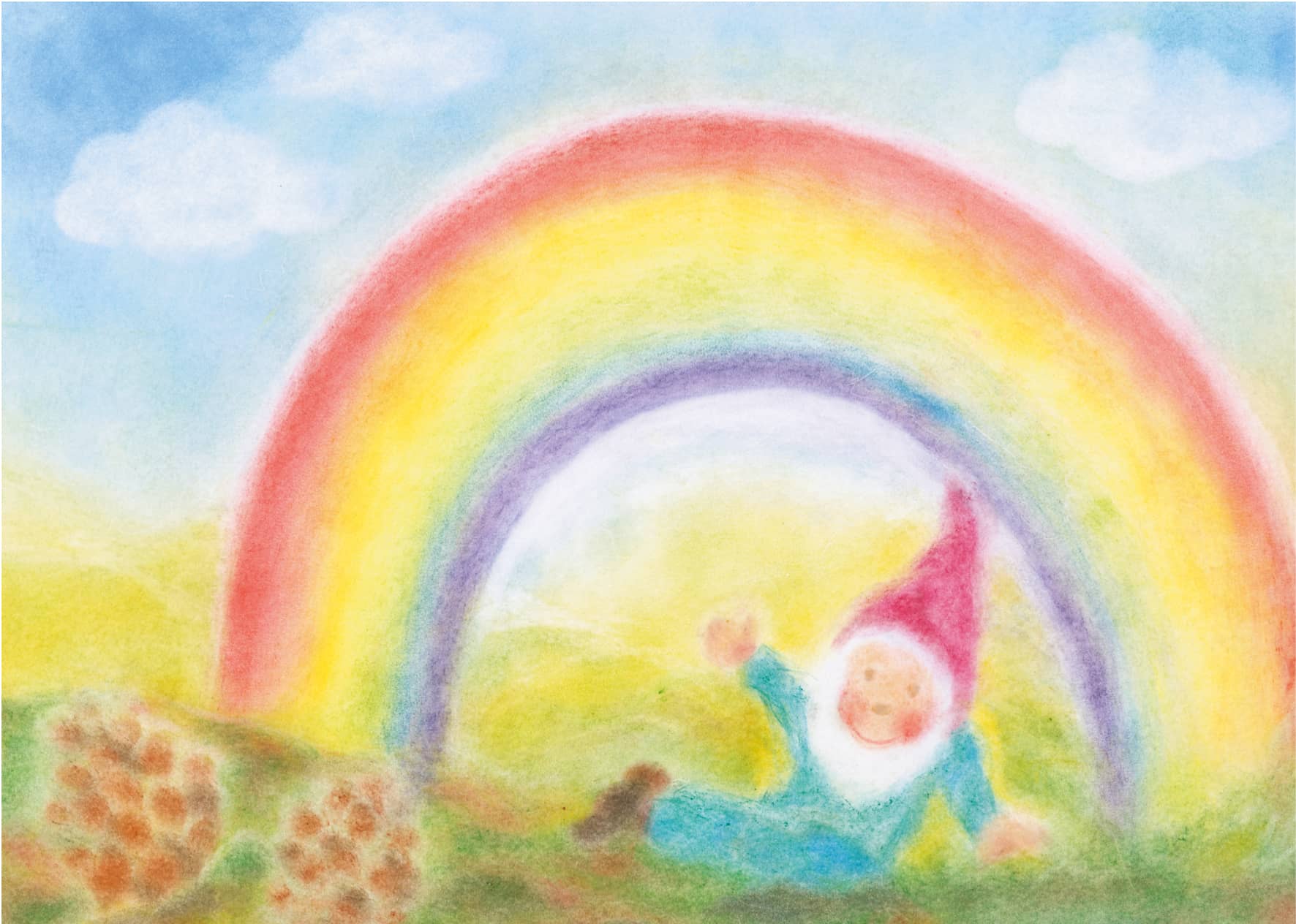 Seccorell Postkarte "Regenbogenzwerg" zeigt einen fröhlichen Zwerg unter einem strahlenden Regenbogen, kunstvoll dargestellt mit Seccorell-Farben.