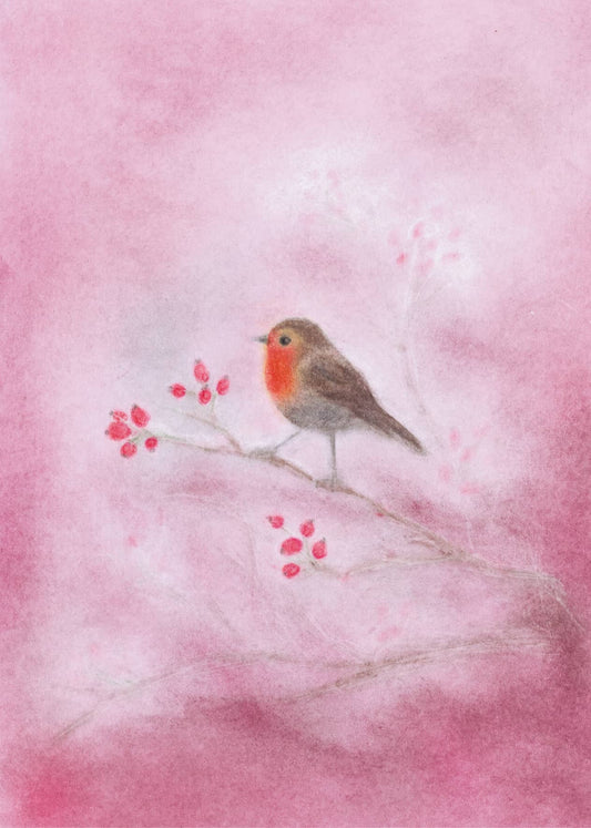 Seccorell Postkarte "Rotkehlchen" zeigt einen kleinen Vogel auf einem Zweig, umhüllt von einem zarten rosa Hintergrund, erstellt mit Seccorell-Farben.