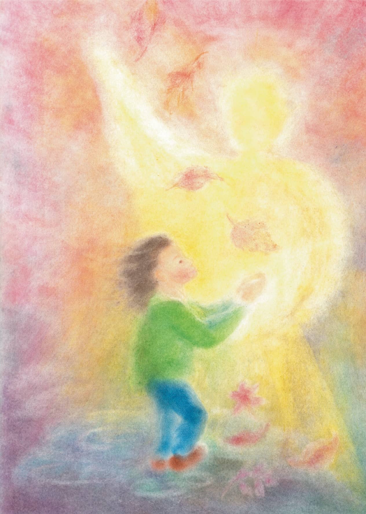 Seccorell Postkarte "Schutzengel" zeigt einen Engel, der behütend über ein Kind wacht, dargestellt in weichen Seccorell-Farben, die Wärme und Geborgenheit ausstrahlen.