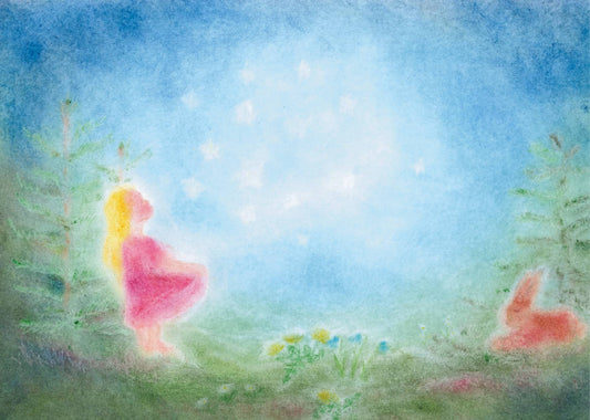 Seccorell Postkarte "Sterntaler" zeigt eine träumerische Szene eines Mädchens, das Sterne betrachtet und mit ihrem Kleid auffangen möchte, in sanften Seccorell-Farbtönen.