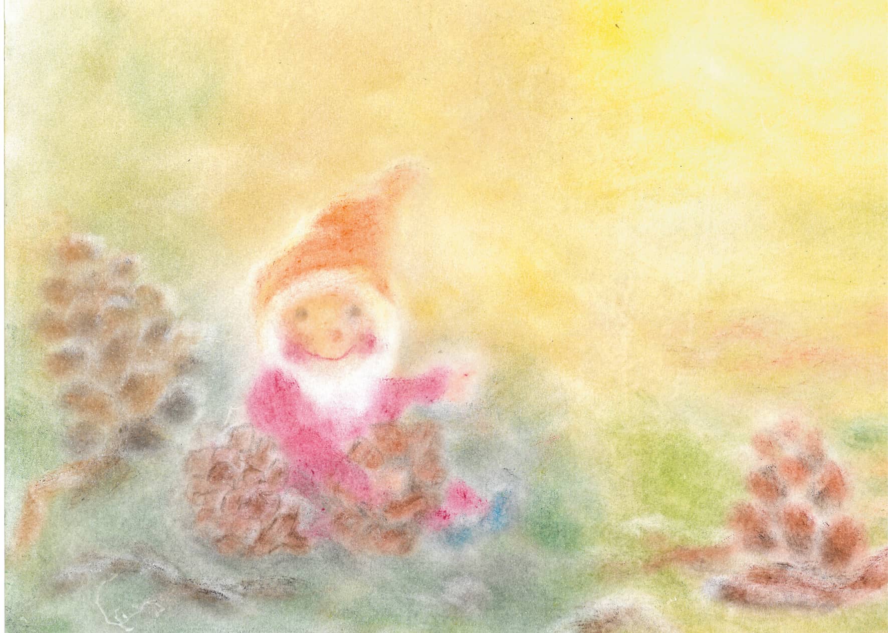 Seccorell Postkarte "Waldzwerg" zeigt eine gemütliche Szene mit einem Zwerg umgeben von Kiefernzapfen, illustriert in warmen Seccorell-Farbnuancen.