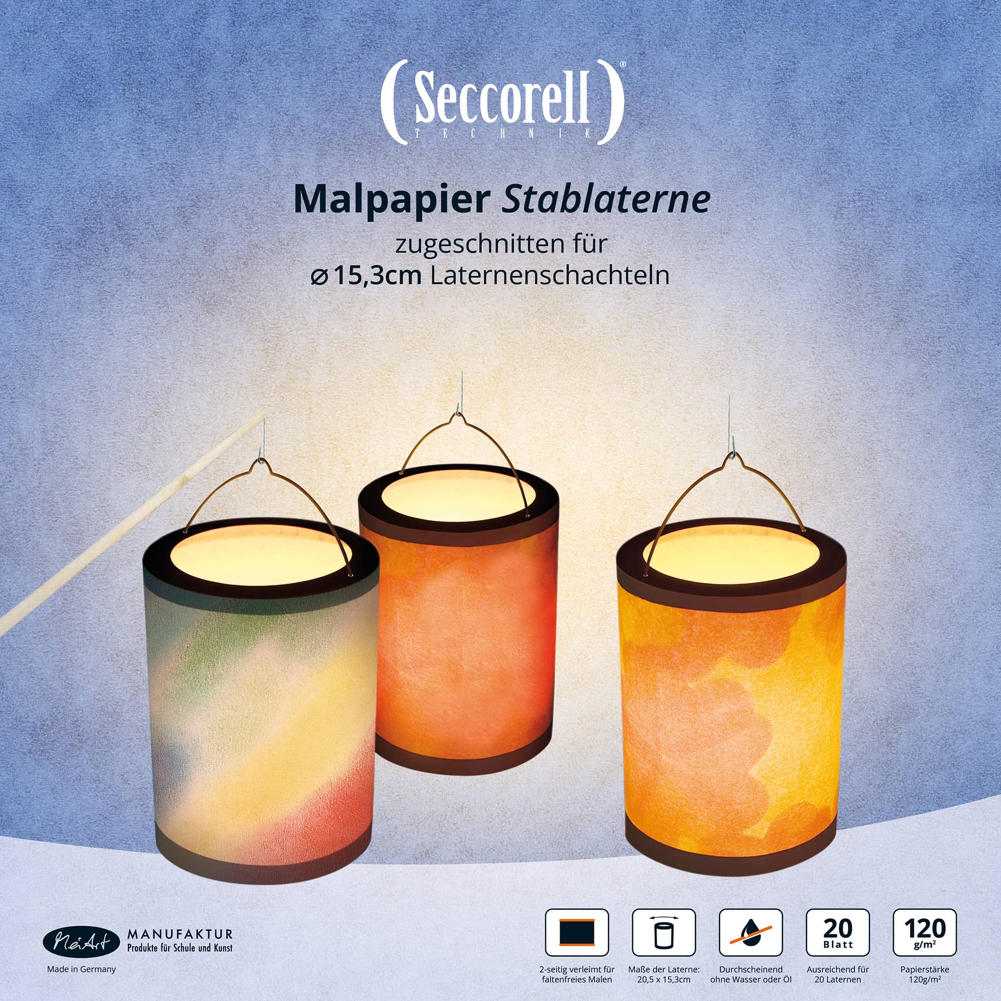 Seccorell Stablaternen-Malblock – enthält 20 Blatt festes Papier (120 g/qm) für faltenfreies Finger-Wischmalen, ideal zur Gestaltung von klassischen Laternen, passend für „Käseschachteln“ mit ø 15,3 cm