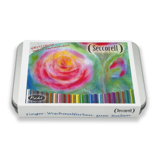 Seccorell Großbox Metall, robust und stilvoll, enthält 24 Farbstäbchen für vielfältige kreative Möglichkeiten mit der Finger-Wischmaltechnik.