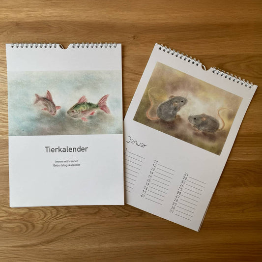 Immerwährender Tierkalender in Seccorell-Technik von Andrea Reiß, mit Tierillustrationen für jeden Monat, DIN A4.