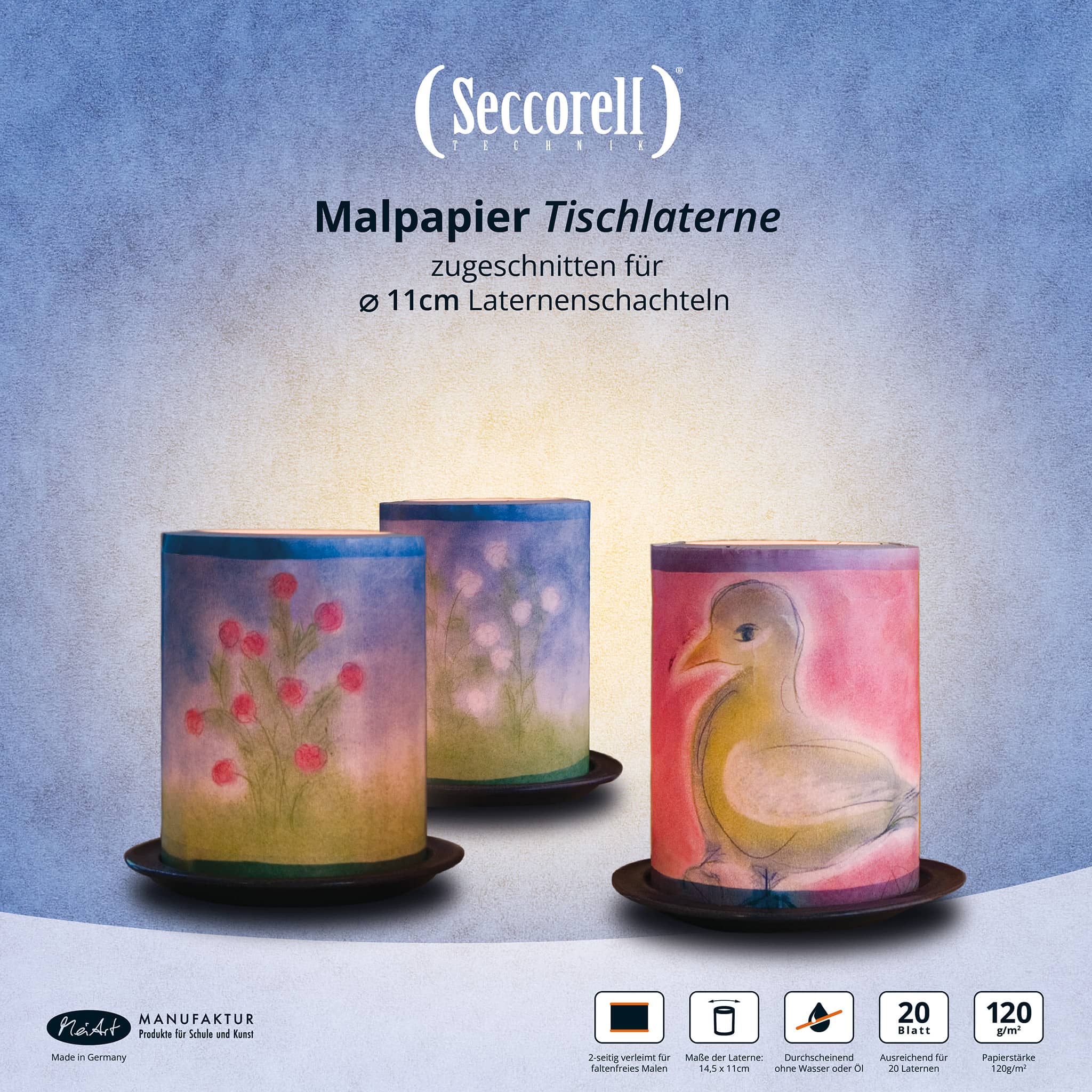 Seccorell Tischlaternen-Malblock – umfasst 25 Blatt beidseitig verleimtes Papier für faltenfreies Finger-Wischmalen, passend für Laternen mit ø 11,0 cm, ideal als Sommerlaterne oder Windlicht für kreative Bastelprojekte