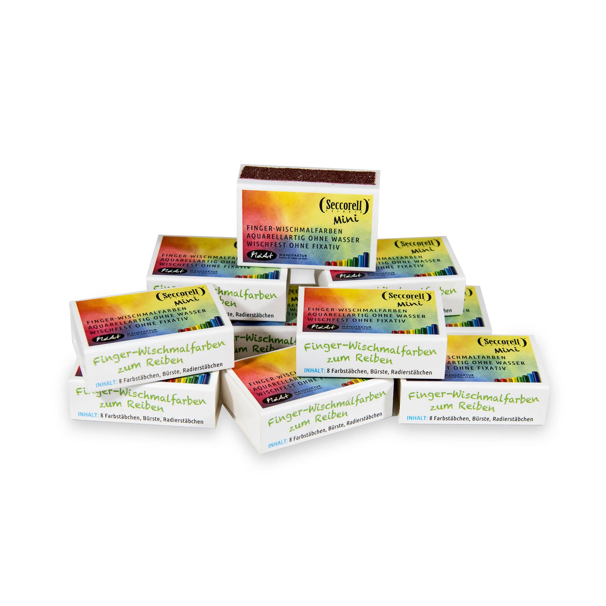 Jede Schachtel des Seccorell Mini 10er Set beinhaltet jeweils 8 Finger-Wischmalfarben, Reibefläche, Reinigungsbürste und Radierstift, perfekt für den Gruppenbedarf.