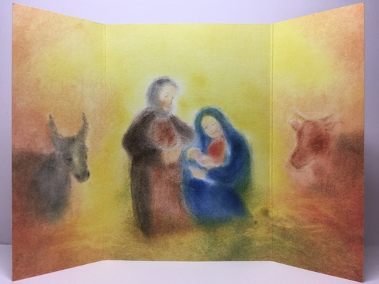 Weihnachtliche Seccorell-Karte mit Krippenszene, gedruckt, zarte Farbharmonie, DIN A5, klappbar.