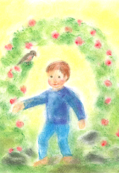Grußkärtchen "Rosentor" (Junge) in Seccorell Technik, zauberhafte Darstellung eines Kindes im Blumenbogen, ideal für herzliche Botschaften und Glückwünsche.