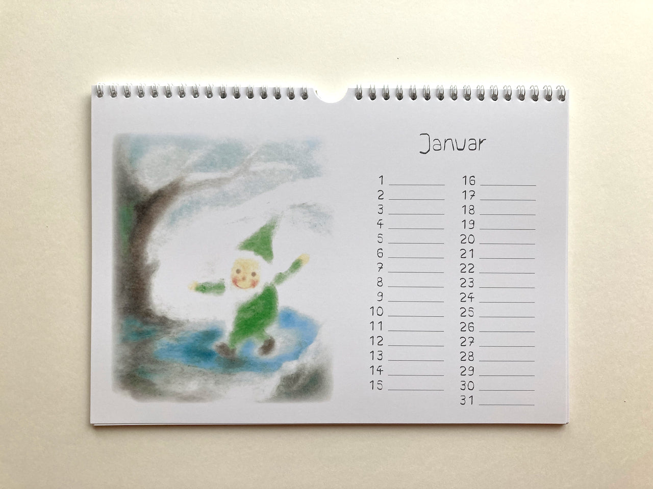 Immerwährender Zwergenkalender, Januar in Seccorell-Technik von Andrea Reiß